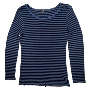 Cable & Gauge Womens Blue Black Striped Ribbed Long Sleeve Scoop Neck Top Size M